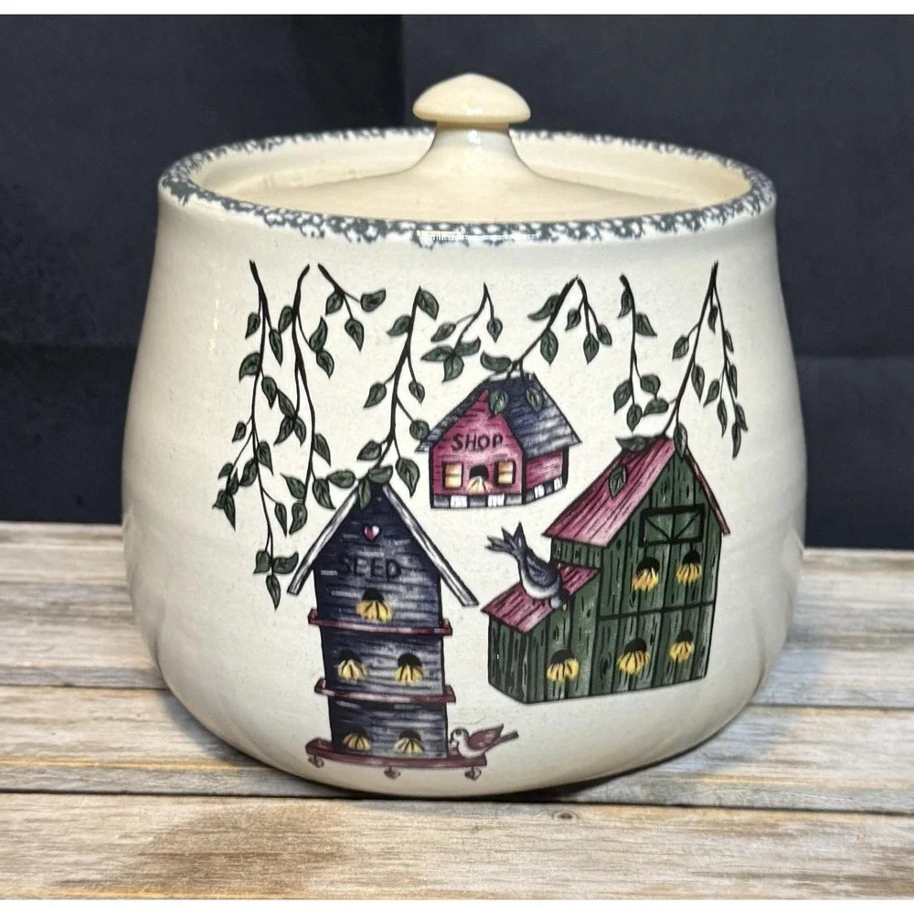 Home & Garden Party Birdhouse Cookie Jar Stoneware Beige Farmhouse USA 1999